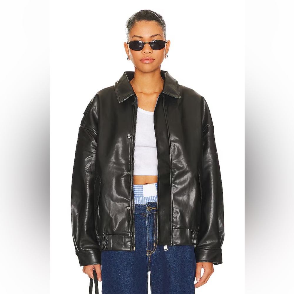 New Lioness Black Leather Bomber Jacket